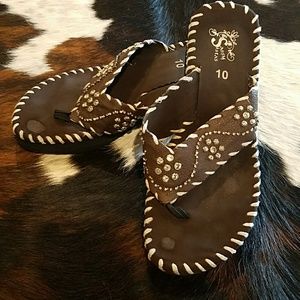 Sassy Sistas leather & crystal flip flops, size 10